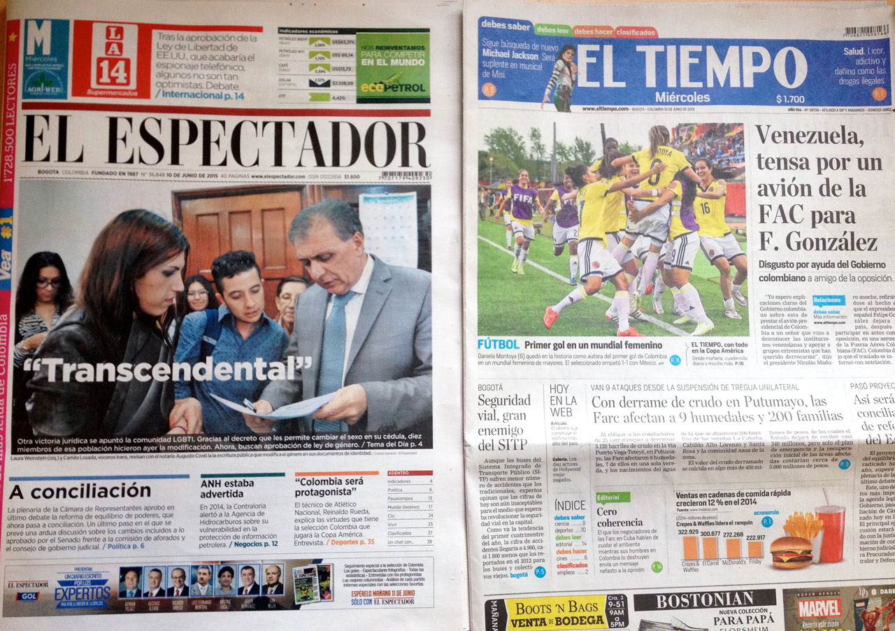 Portadas del miércoles 10 de junio de 2015 en los dos principales periódicos de Colombia