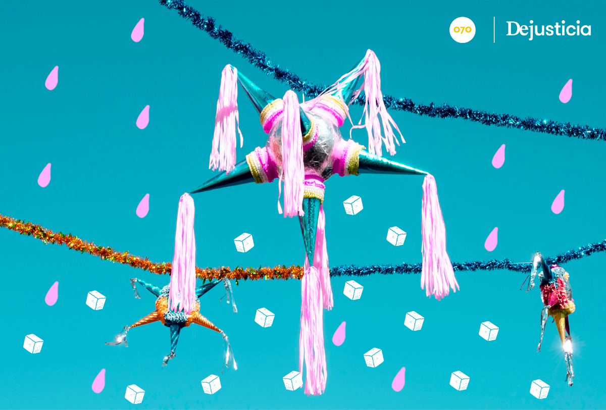 piñata rodeada de lluvia de azúcar en un fondo azul